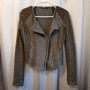 MISS ME Designer Cardigan Sweater women XS Gray Green Brown Crochet & knit ZipUp